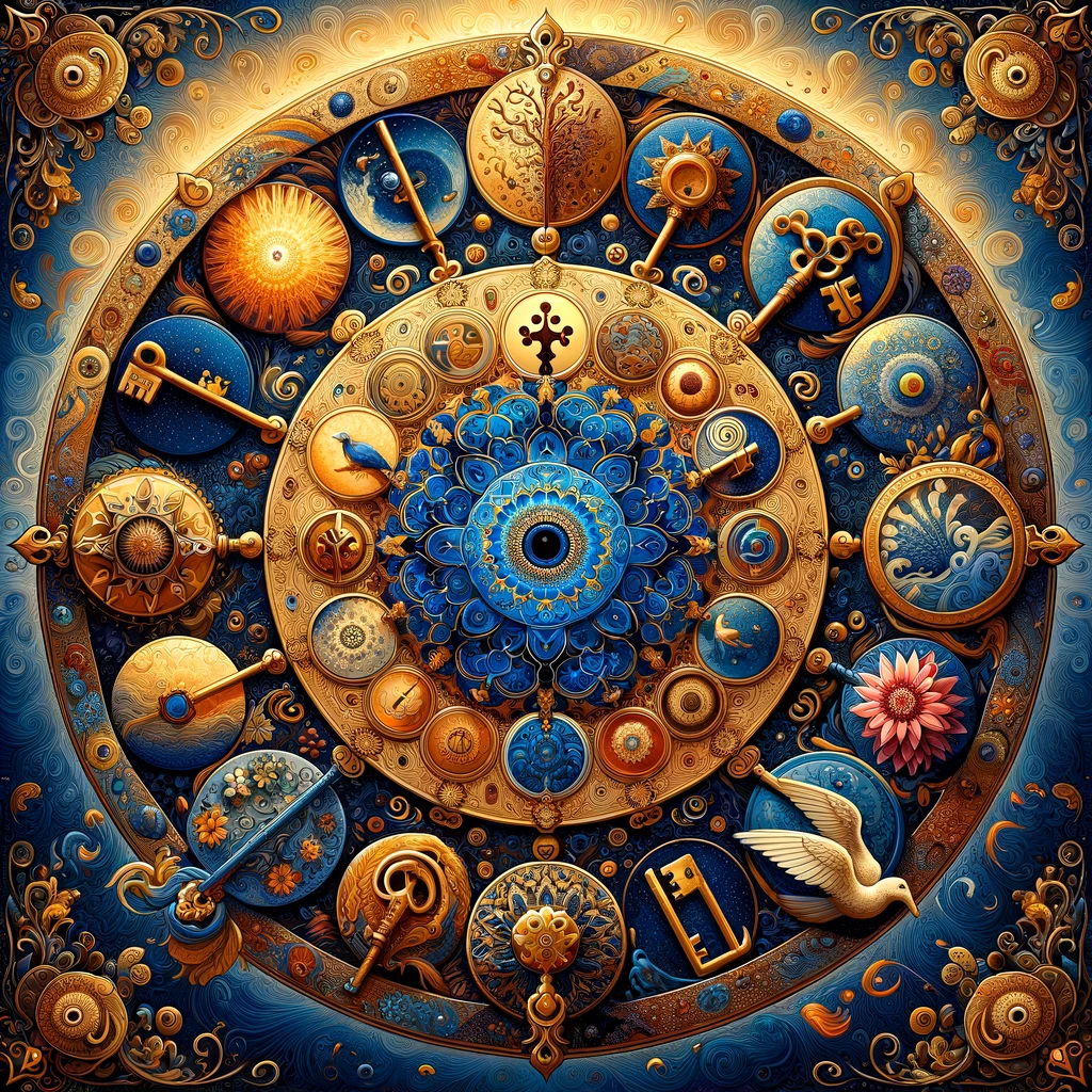 Mandala kerstblog diepblauw met meerdere gouden sleutels 